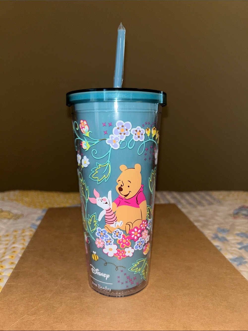Winnie the Pooh Teal Floral Double-Wall Tumbler with Straw